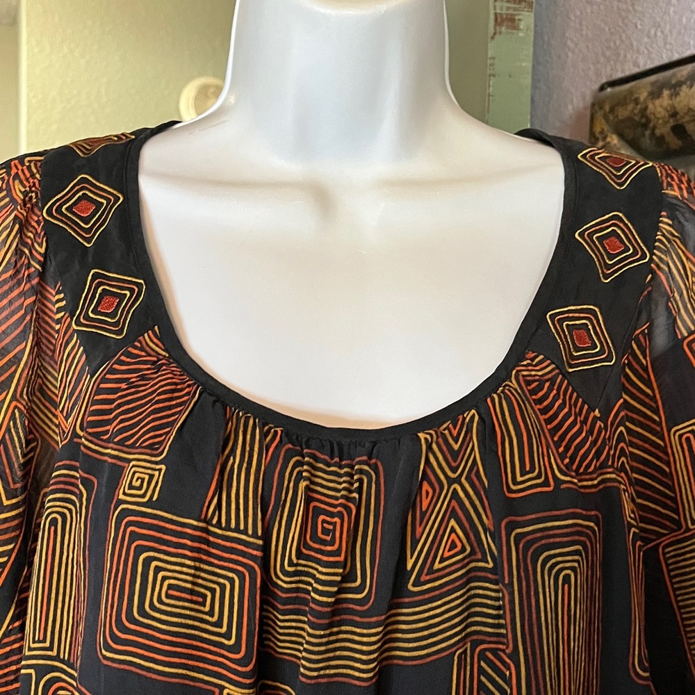 VTG Bob Mackie Black & Orange Geometric Print Blouse Sz L- wearable art - Picture 2 of 13